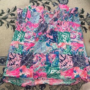 Lilly Vibrant Pink & Blue Patchwork Print Women’s V-Neck Top